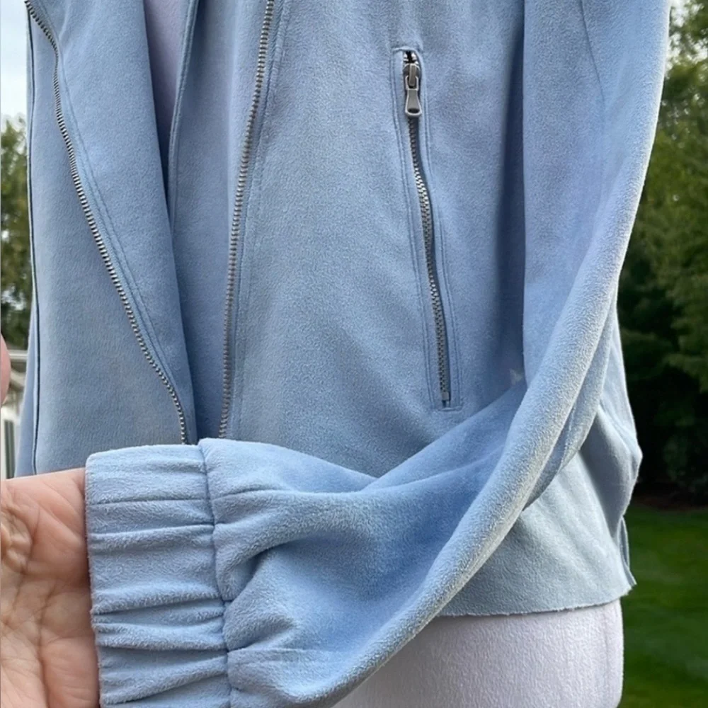 BLANK NYC Blue Suede Moto Jacket with Asymmetrical Design and Lapels. - Picture 9 of 14